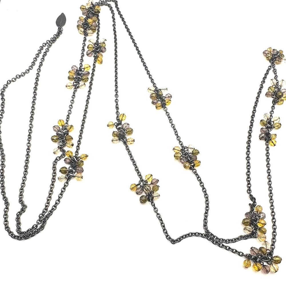 Coldwater Creek Gunmetal Chain Necklace 30" Long Boho Beaded Yellow Clear